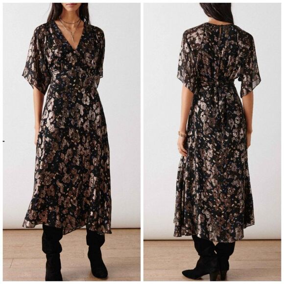 ba&sh Metallic Short Sleeve Silk Print Midi Dress - Picture 2 of 13